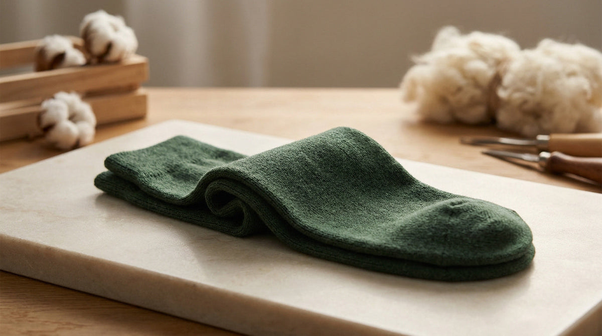 Paire de chaussettes vertes posée sur un plateau, à côté de fleurs de coton