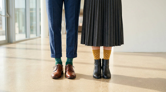 Chaussettes colorées vertes et moutarde portées avec un pantalon de costume et une jupe plissée